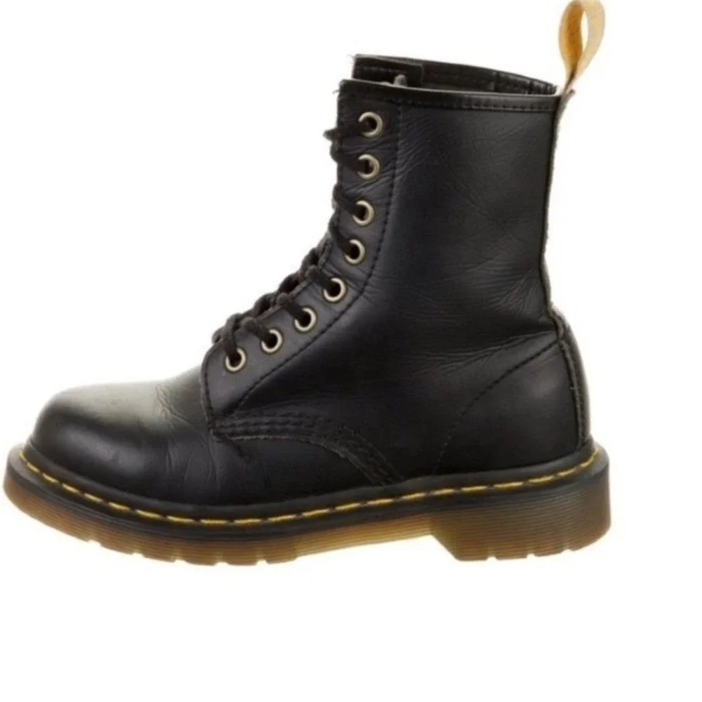 Dr Martens 1460 Leather Combat Boots Black Vegan Yellow Welt‎ Stitch Size 4Y